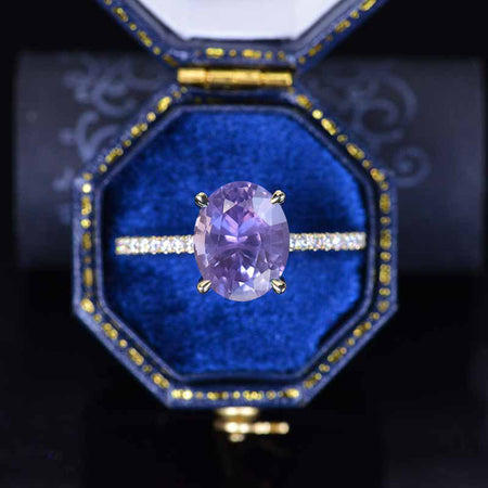 3 Carat Carat Oval Lavender Purple Sapphire Ring, Hidden Halo Rose Gold Engagement Ring