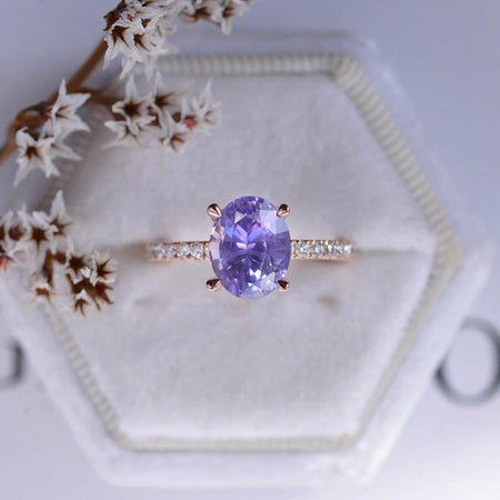 3 Carat Carat Oval Lavender Purple Sapphire Ring, Hidden Halo Gold Engagement Ring