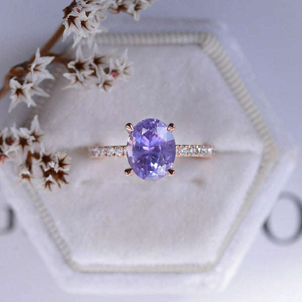 3 Carat Carat Oval Lavender Purple Sapphire Ring, Hidden Halo Gold