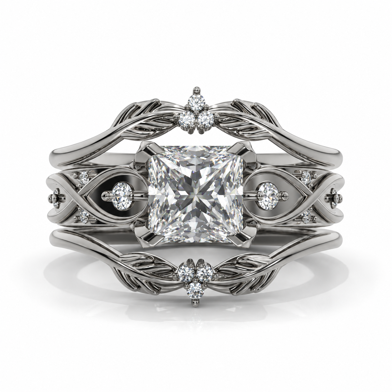 2 Carat Princess Cut Moissanite 14K Black Gold Rhodium Plated  Celtic-Style Engagement Ring Set