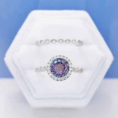 2 Carat Portuguese Cut Alexandrite Halo Engagement Eternity Two Rings Set