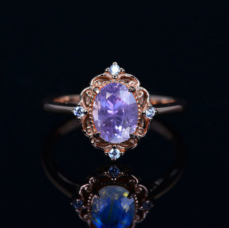 14K Solid Rose Gold Dainty Lavender Purple Sapphire Ring, 2ct Oval Cut Lavender Purple Sapphire Ring, Rose Gold Ring Unique Oval Halo Vintage Ring.