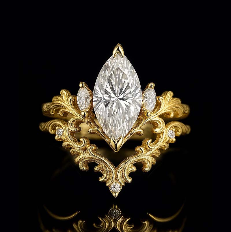 14K White Gold 1.5 Carat Marquise Cut Moissanite Floral Art Avenue Engagement Ring Set Model 1310