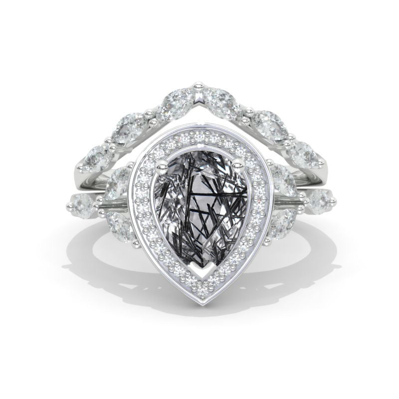 14K White Gold 1.5 Carat Pear Natural Rutilated Quartz Halo Twisted Engagement Ring Eternity Ring Set