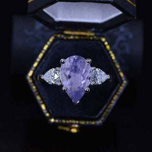 5.5 Pear Cut Tri-Stone Lavender Purple Sapphire White Gold Engagement Ring