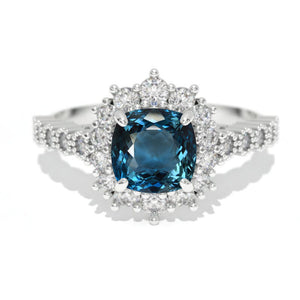 14K White Gold 1.2 Carat Cushion Genuine London Blue Topaz Halo Engagement Ring