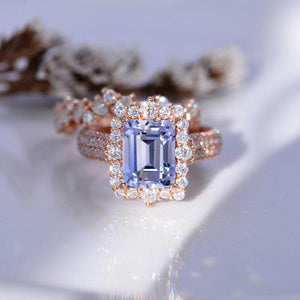 3Ct Lavender Purple Sapphire Engagement Ring. Halo Emerald Cut Lavender Purple Sapphire 14K Rose Gold Engagement Ring Set