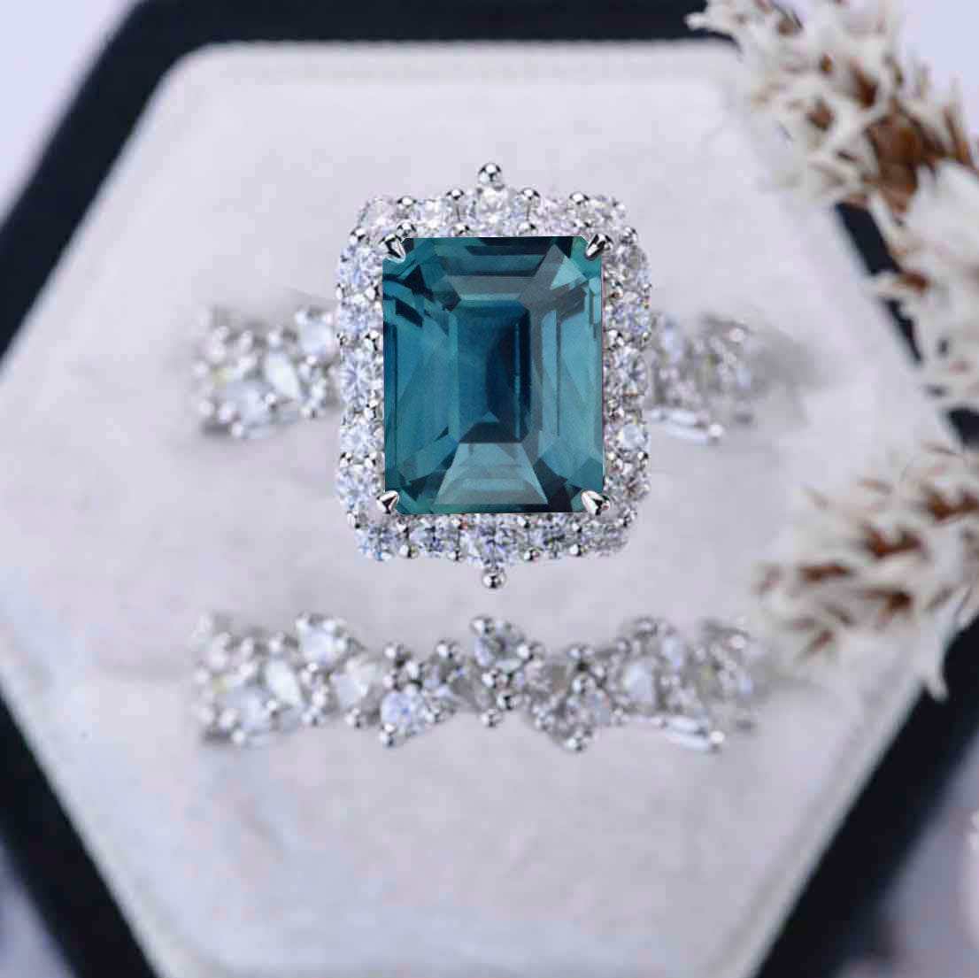 Carat Teal Sapphire Engagement Ring Halo Emerald Cut Teal