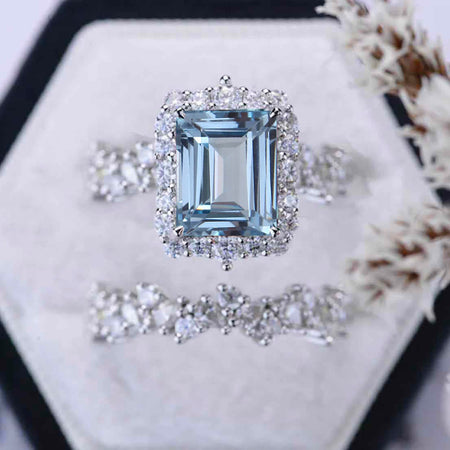 3 Carat Aquamarine Engagement Ring Halo Emerald Cut Genuine Aquamarine Engagement Ring, 9x7mm Step Cut Genuine Aquamarine Fairy Engagement Ring with Eternity Band Model 572_V2-9x7  & 572E