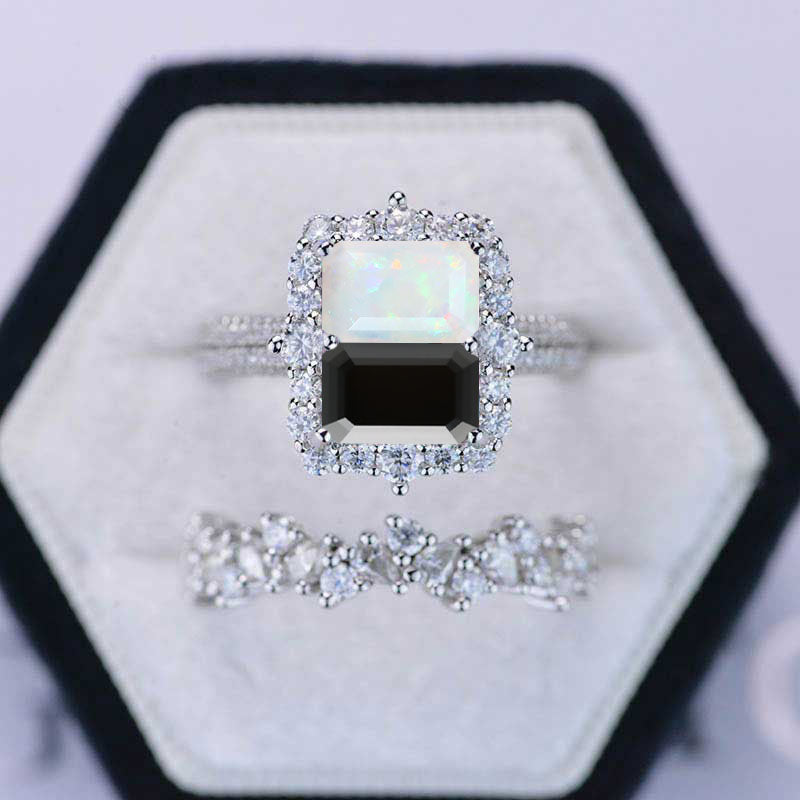 4 Carat Halo Emerald Cuts Dual Stone  White Opal and Black Onyx 14K White Gold Engagement Ring Set Model 572