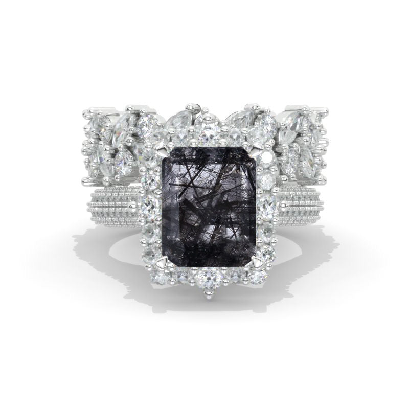 4Ct Natural Rutilated Quartz Engagement Ring Halo Radiant Cut Moissanite Engagement Ring, 10x8mm Radiant Cut Natural Rutilated Quartz Engagement Ring with Eternity Band