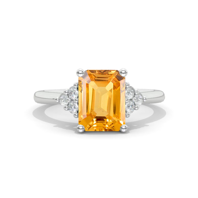 Emerald Cut 9x7mm with 2mm Sub stones Genuine Yellow Citrine White Gold Engagement Ring Model 577