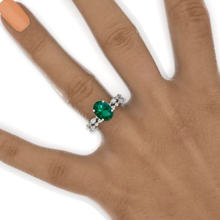 14K White Gold 2 Carat Oval Emerald Vintage Engagement Ring, Eternity Ring Set