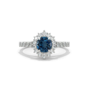 14K White Gold 1 Carat Round Genuine London Blue Topaz Halo Engagement Ring