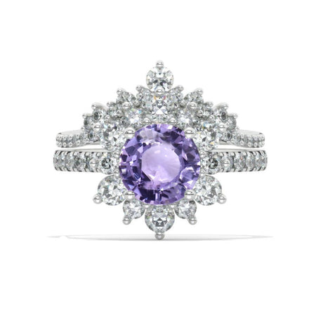 2 Carat Round Lavender Purple Sapphire Snowflake Halo Engagement Ring. Victorian 14K Yellow Gold Ring