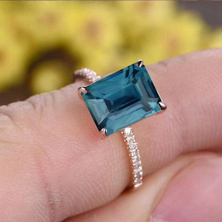 8 Ct Radiant Cut Teal Sapphire Engagement Ring, Solitaire Radiant Ice Crushed Cut Teal Sapphire Engagement Ring, Pave Accents Stones Hidden Halo