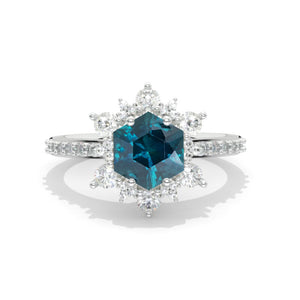 3 Carat Hexagon Teal Sapphire Snowflake Halo Engagement Ring. Victorian 14K White Gold Ring