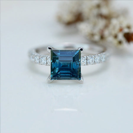2Ct Princess Cut Teal Sapphire Engagement 14K White Gold Ring Classic Solitaire Setting