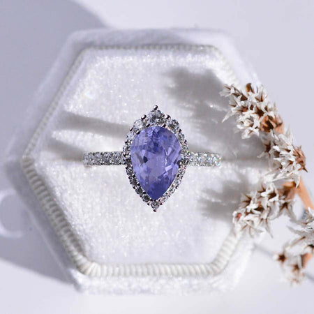 3 Carat Pear Cut Lavender Purple Sapphire Halo Moissanite 14k White Gold Ring