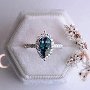 14K Solid White Gold 3 Carat Teal Sapphire Pear Cut Halo Teal Sapphire Ring