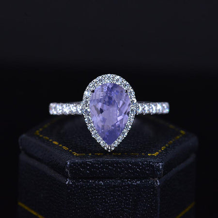 14K Solid White Gold 3 Carat Halo Pear Cut Lavender Purple Sapphire Ring