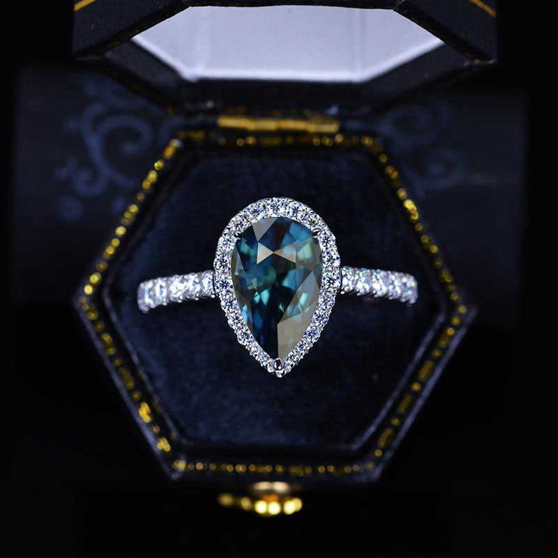 14K Solid White Gold 3 Carat Halo Pear Cut Teal Sapphire Ring