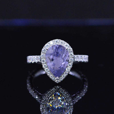 14K Solid White Gold 3 Carat Halo Pear Cut Purple Sapphire  Ring
