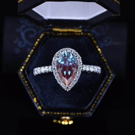 14K Solid White Gold 3 Carat Halo Pear Cut Alexandrite  Ring