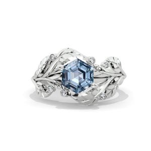 3 Carat Hexagon Genuine Aquamarine Floral 14K White Gold Engagement Ring