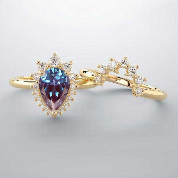 14K Yellow 8x5 mm Pear Alexandrite Halo Engagement Ring