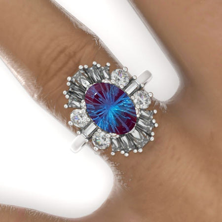 14K White Gold 3 Carat Oval Fireworks Cut Alexandrite Halo Engagement Ring