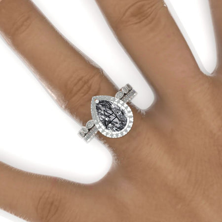 3 Carat Halo Pear Cut Natural Rutilated Quartz 14K Solid White Gold Ring Set