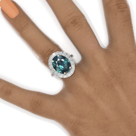 10 Carat Oval Teal Sapphire Halo 14K White Gold  Engagement Ring