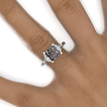 2 Carat Princess and Trillion Natural Rutilated Quartz Engagement Ring 14K White Gold Ring
