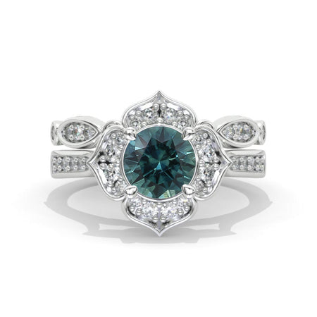 Teal Sapphire Floral Halo 14K White Gold Engagement Ring, Eternity Ring Set