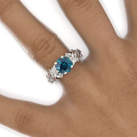 3 Carat Hexagon Teal Sapphire Floral 14K White Gold Engagement Ring