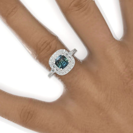 1 Carat Cushion Cut Vintage Style Double Halo Teal Sapphire White Gold Engagement Ring