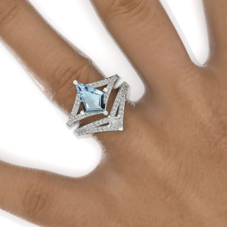 3 Carat Kite Genuine Aquamarine Halo 14K White Gold Engagement Ring, V Eternity Ring Set