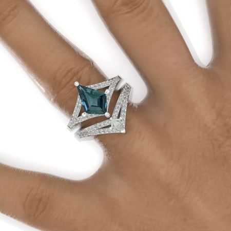 3 Carat Kite Teal Sapphire Halo 14K White Gold Engagement Ring, V Eternity Ring Set