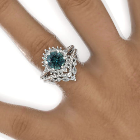 14K White Gold 2 Carat Round Teal Sapphire Six Pronds Halo Engagement Ring V- Band Eternity Ring Set