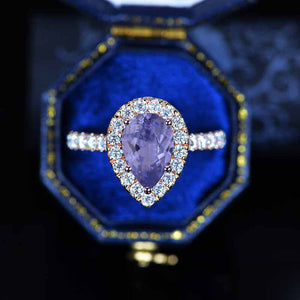 14K Solid Rose Gold 3 Carat Lavender  Sapphire Pear Cut Halo Lavender Purple Sapphire Ring