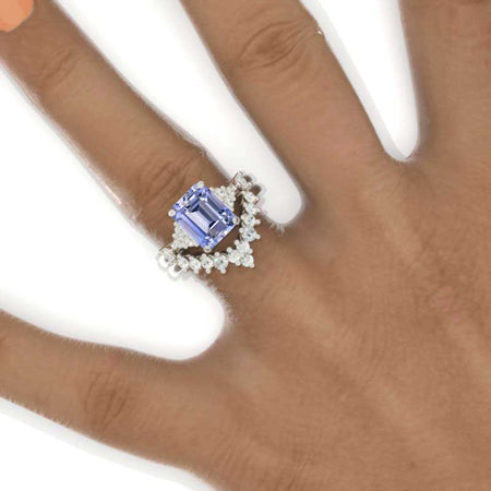3 Carat Emerald Cut Cluster Purple Sapphire White Gold Engagement Ring Set