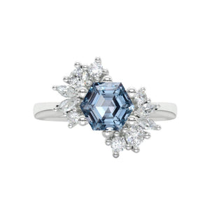 3 Carat Hexagon Genuine Aquamarine Cluster 14K White Gold Engagement Ring