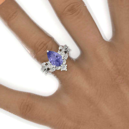 3 Carat Pear Purple Sapphire Halo Floral Engagement 14K White Gold  Ring Eternity Ring Set