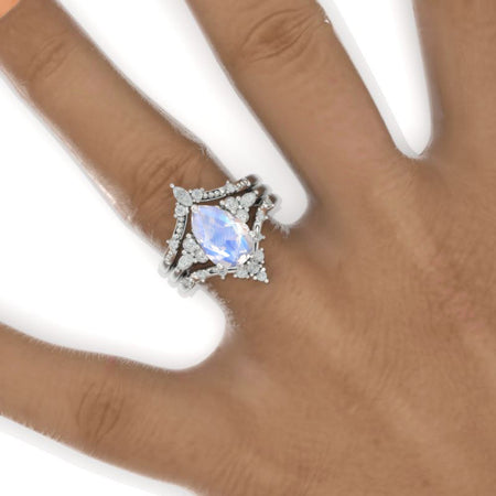 3 Carat Pear Genuine Moonstone Floral Engagement 14K White Gold  Ring Eternity Ring Set