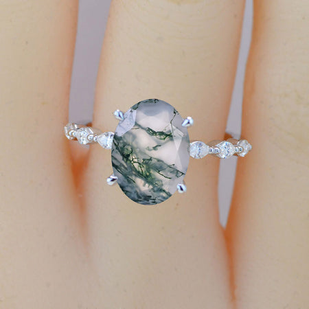 4.5 Carat Classic Oval Genuine Moss Agate Engagement Ring. 14k Gold Solitaire ring. Oval Cut Ring. Promise ring. Wedding Ring anniversary ring, Vintage royal Style