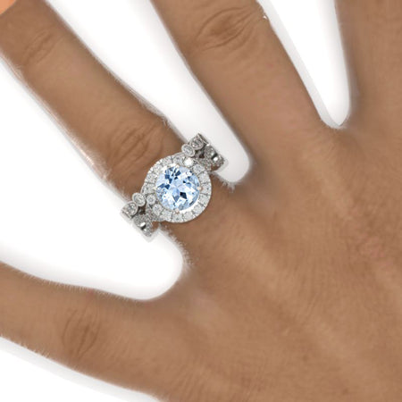 2 Carat Round Genuine Aquamarine Halo Twisted Shank Engagement Ring, Eternity Ring Set