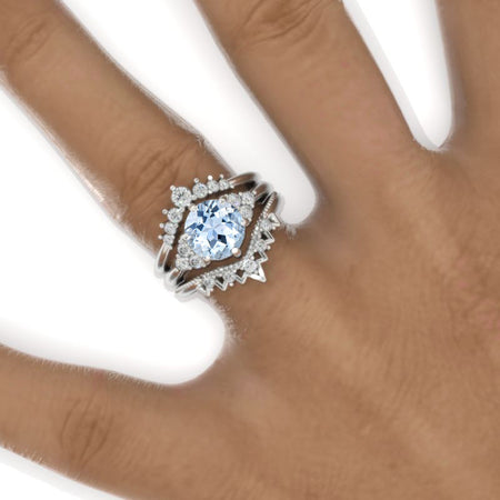 2 Carat Round Genuine Aquamarine Floral Shank Engagement Ring, Eternity Ring Set
