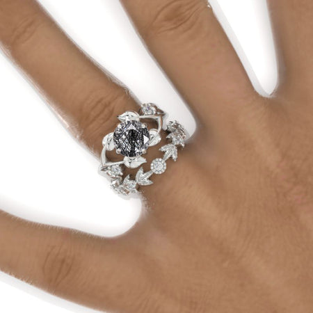 2 Carat Round Natural Rutilated Quartz Floral Twig Engagement Ring, Eternity Ring Set