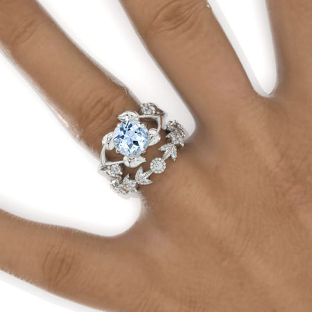 2 Carat Round Genuine Aquamarine Floral Twig Engagement Ring, Eternity Ring Set